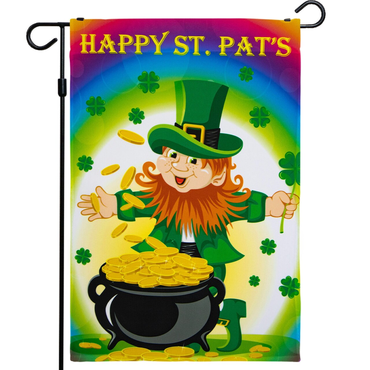 G128 - St Patrick's Day Garden Flag, St Patrick's Themed Decorations - Leprechaun with Pot of Gold, | 12x18 Inch | Printed 150D Polyester - Rustic Holiday Seasonal Outdoor Flag